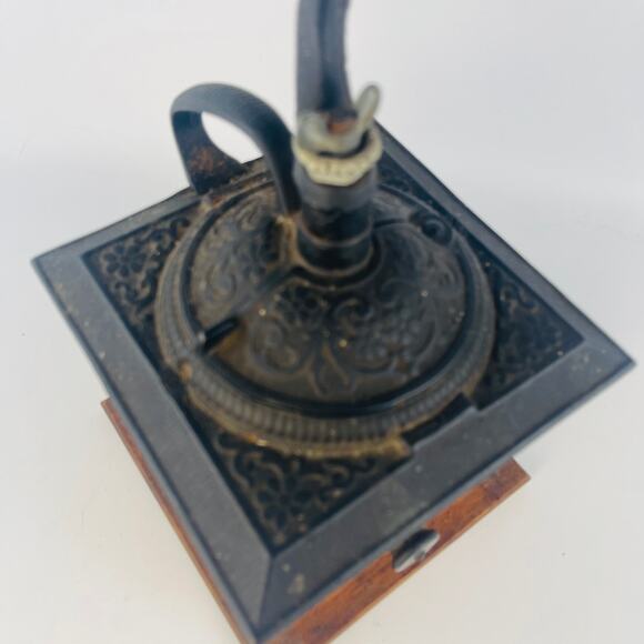 Antique Coffee Grinder Ornate Cast Iron Hand Crank Wooden Dove Tail Base - Picture 3 of 6
